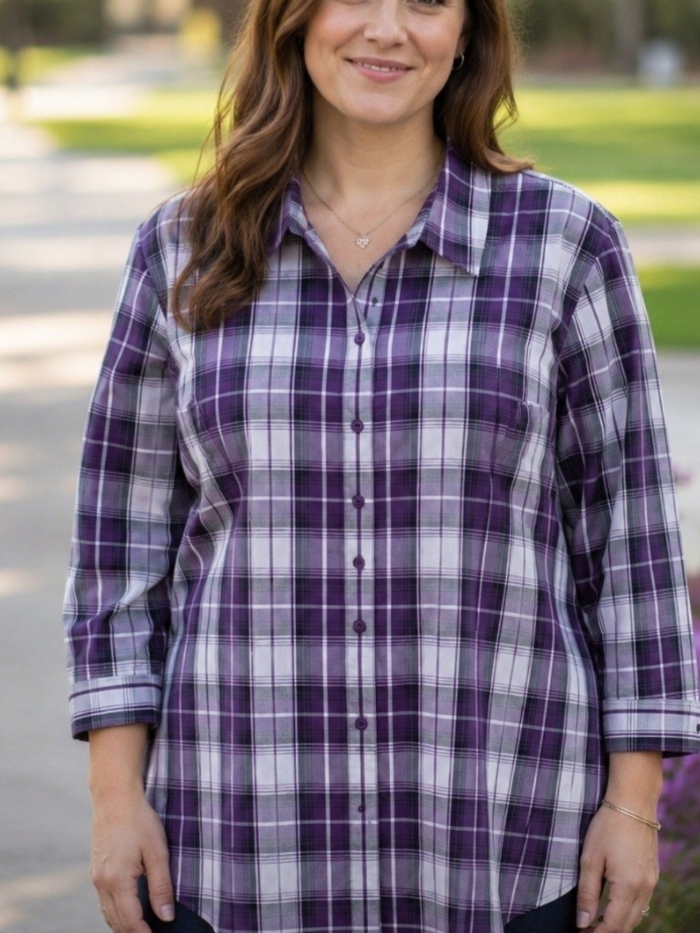 Coldwater Creek Womens Size 3X  Purple Plaid Long Sleeve Button-Front Tunic